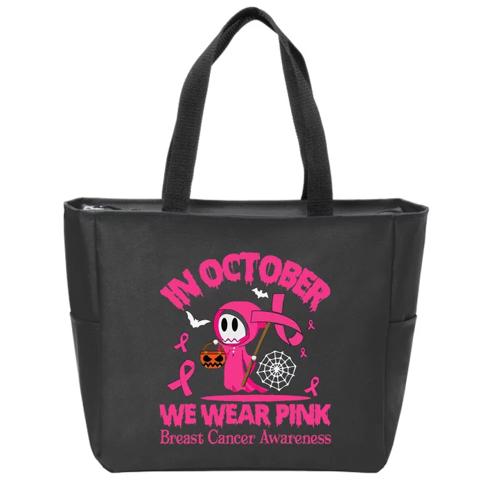 Women In October We Wear Pin.K Ghost Skull Breast Cancer Zip Tote Bag