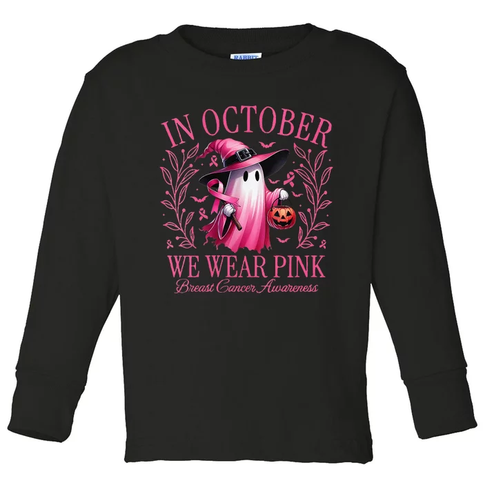 Women In October We Wear P.Ink Breast Cancer Awareness Halloween Gift Toddler Long Sleeve Shirt