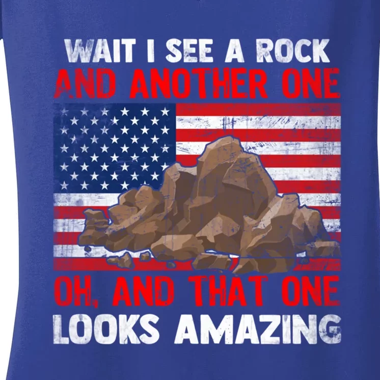 Wait I See Rock Geology Funny Geologist Saying With Usa Flag Gift Women's V-Neck T-Shirt