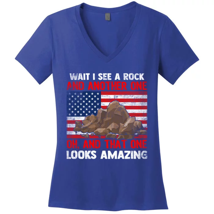 Wait I See Rock Geology Funny Geologist Saying With Usa Flag Gift Women's V-Neck T-Shirt