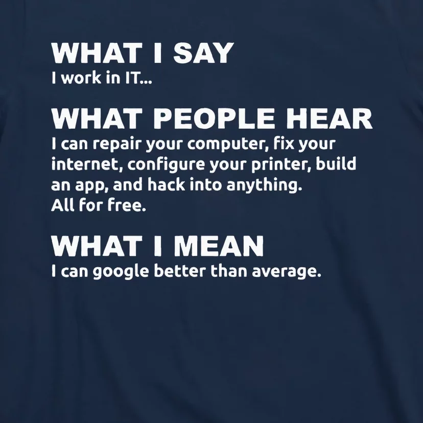 What I say what people hear IT tech support nerd T-Shirt