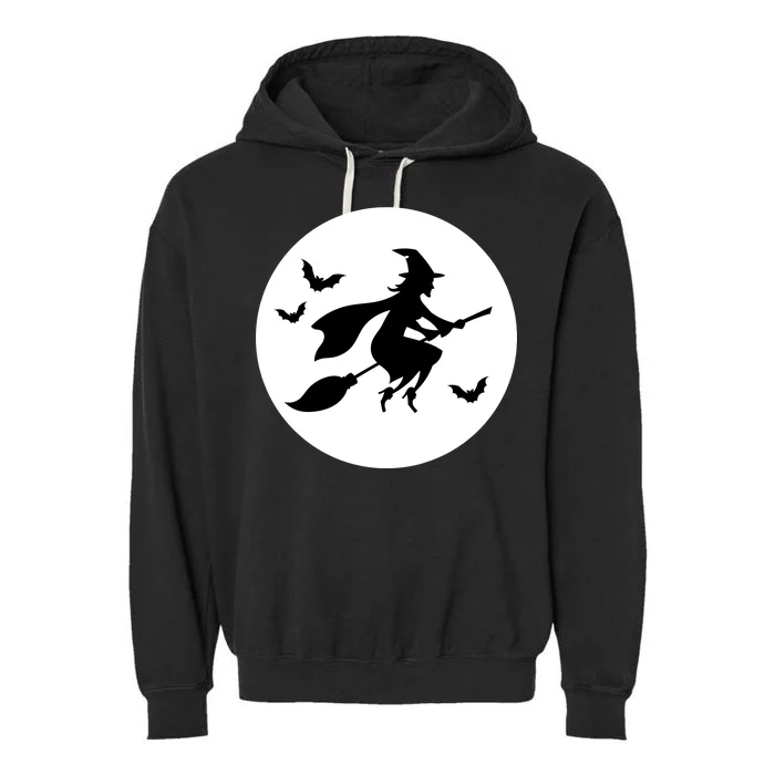 Witch Flying Over Moon Halloween Garment-Dyed Fleece Hoodie