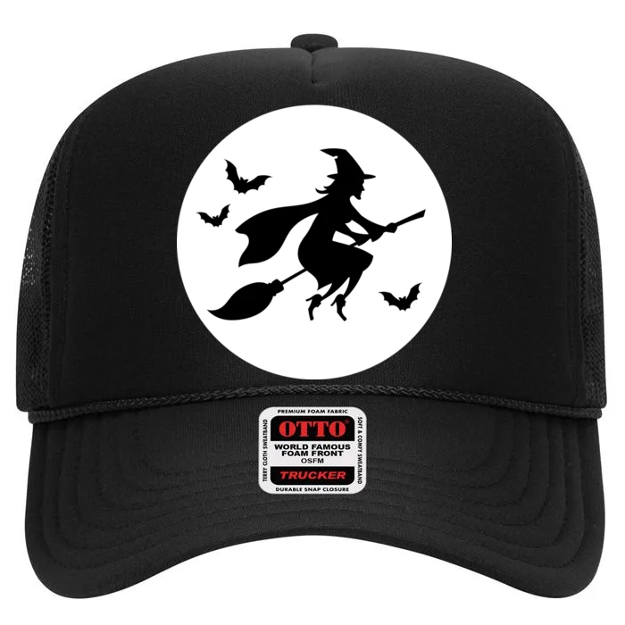 Witch Flying Over Moon Halloween High Crown Mesh Trucker Hat