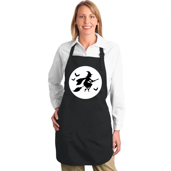 Witch Flying Over Moon Halloween Full-Length Apron With Pocket