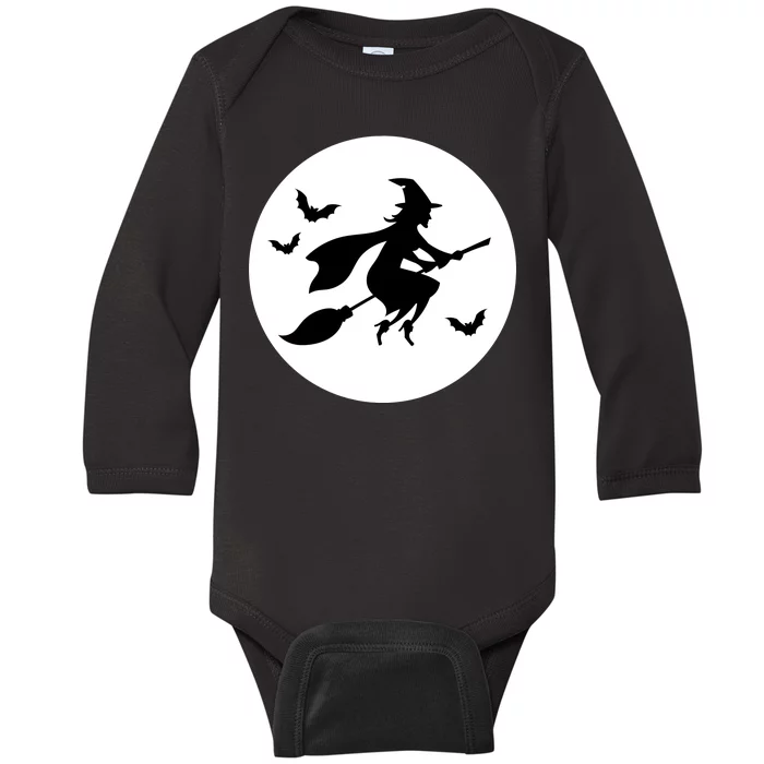 Witch Flying Over Moon Halloween Baby Long Sleeve Bodysuit