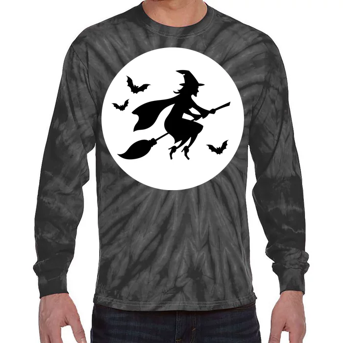 Witch Flying Over Moon Halloween Tie-Dye Long Sleeve Shirt