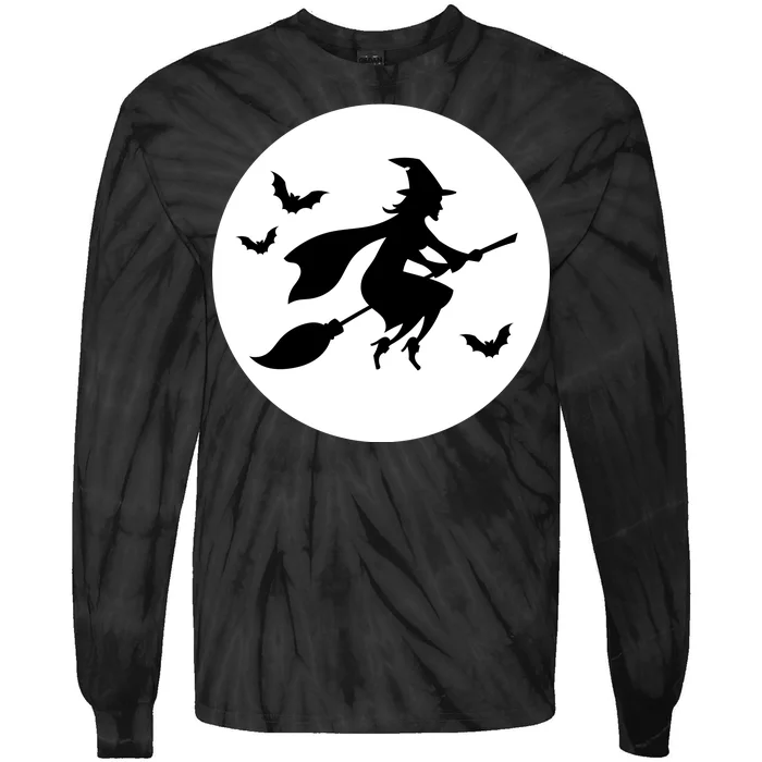 Witch Flying Over Moon Halloween Tie-Dye Long Sleeve Shirt