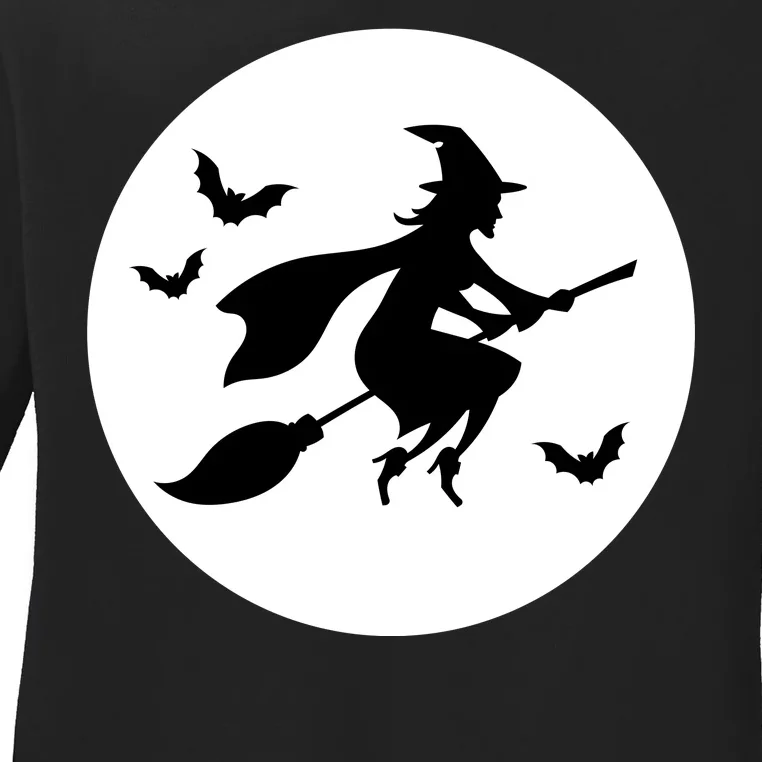 Witch Flying Over Moon Halloween Ladies Long Sleeve Shirt