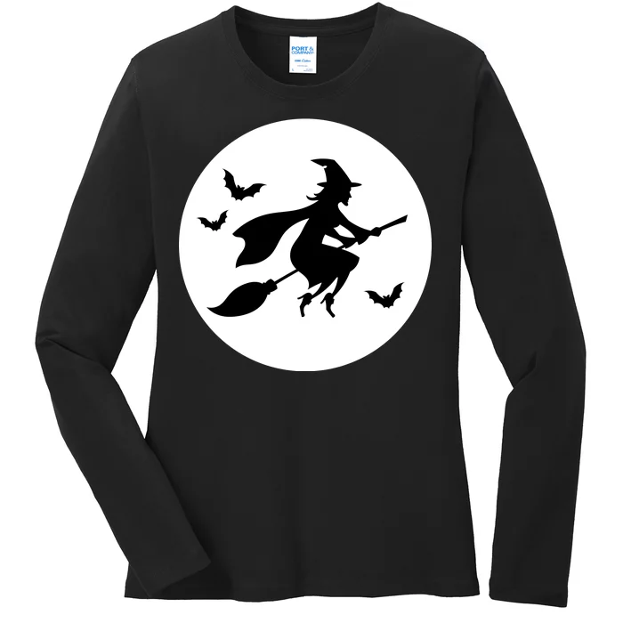 Witch Flying Over Moon Halloween Ladies Long Sleeve Shirt