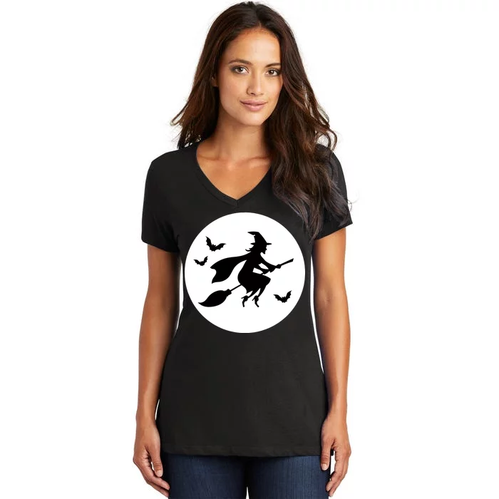 Witch Flying Over Moon Halloween Women's V-Neck T-Shirt