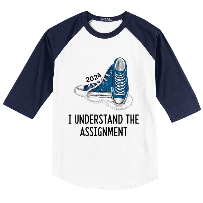 Women I Understand The Assignment Sneakers And Pearls Kamala 2024 Gift Baseball Sleeve Shirt