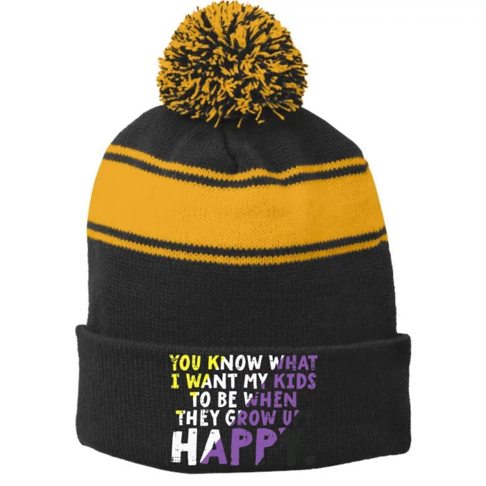 What I Want My Grow Up Happy Enby Pride Flag Stripe Pom Pom Beanie