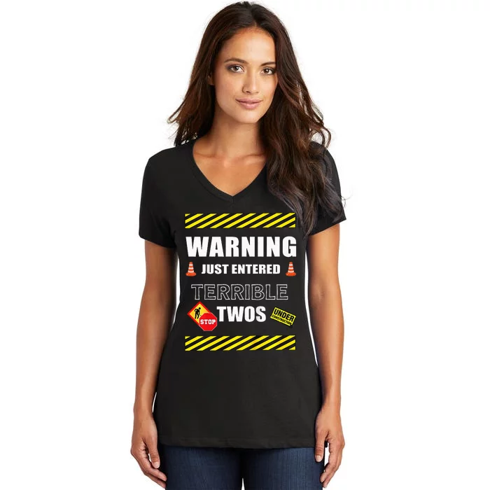 Warning Just Entered Terrible Twos Second 2nd Birthday Boy Women's V-Neck T-Shirt