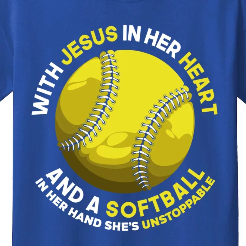 With Jesus In Her Heart A Softball In Her Hand Softball Gift Kids T-Shirt