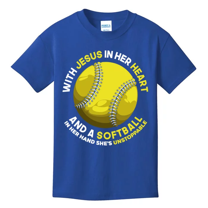 With Jesus In Her Heart A Softball In Her Hand Softball Gift Kids T-Shirt