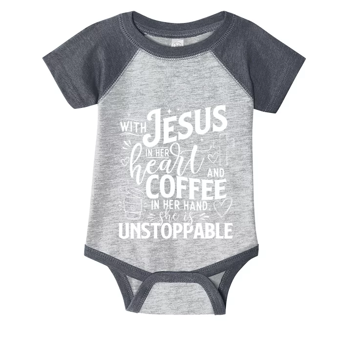 With Jesus In Her Heart And Coffee In Her Hand Faith Infant Baby Jersey Bodysuit