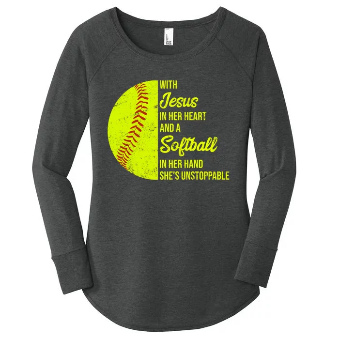 With Jesus In Her Heart Softball Gift Women's Perfect Tri Tunic Long Sleeve Shirt