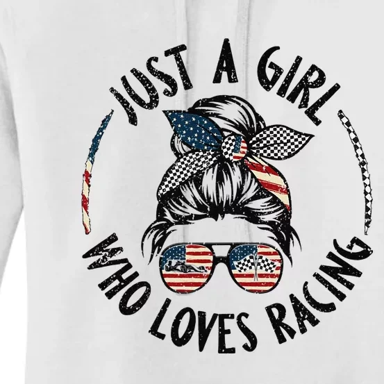 Wo joJ6 Messy Bun Just A Who Love Racing Racer 4th Of july Women's Pullover Hoodie