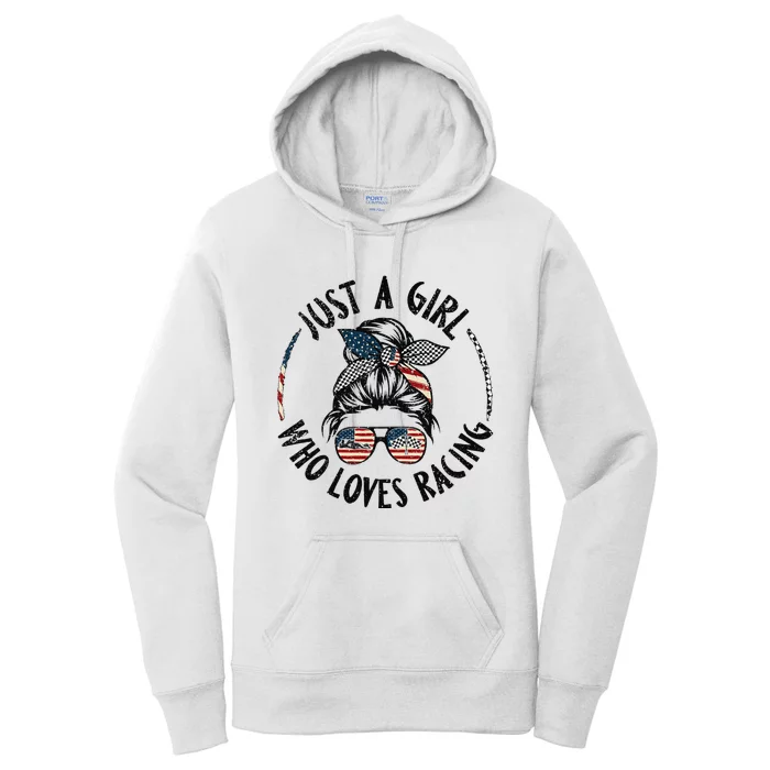 Wo joJ6 Messy Bun Just A Who Love Racing Racer 4th Of july Women's Pullover Hoodie