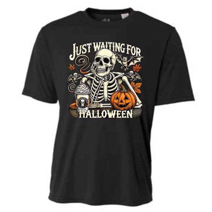 Womenss Just Waiting For Halloween Skeleton Summerween Cooling Performance Crew T-Shirt