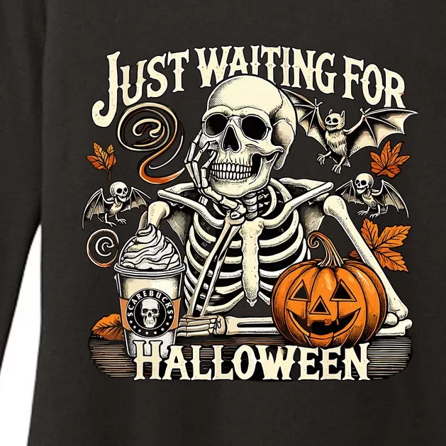 Womenss Just Waiting For Halloween Skeleton Summerween Womens CVC Long Sleeve Shirt