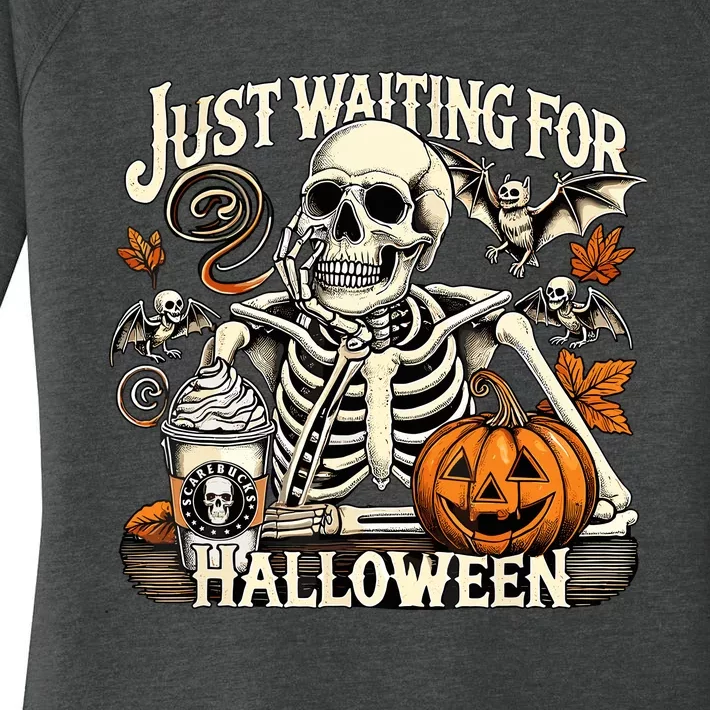 Womenss Just Waiting For Halloween Skeleton Summerween Women's Perfect Tri Tunic Long Sleeve Shirt