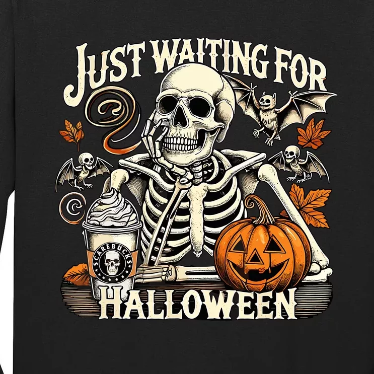 Womenss Just Waiting For Halloween Skeleton Summerween Tall Long Sleeve T-Shirt