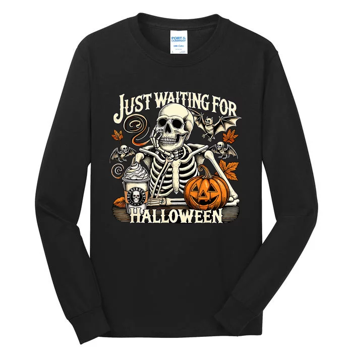 Womenss Just Waiting For Halloween Skeleton Summerween Tall Long Sleeve T-Shirt