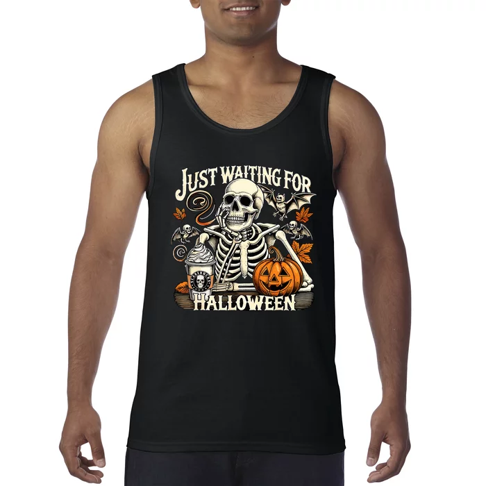 Womenss Just Waiting For Halloween Skeleton Summerween Tank Top