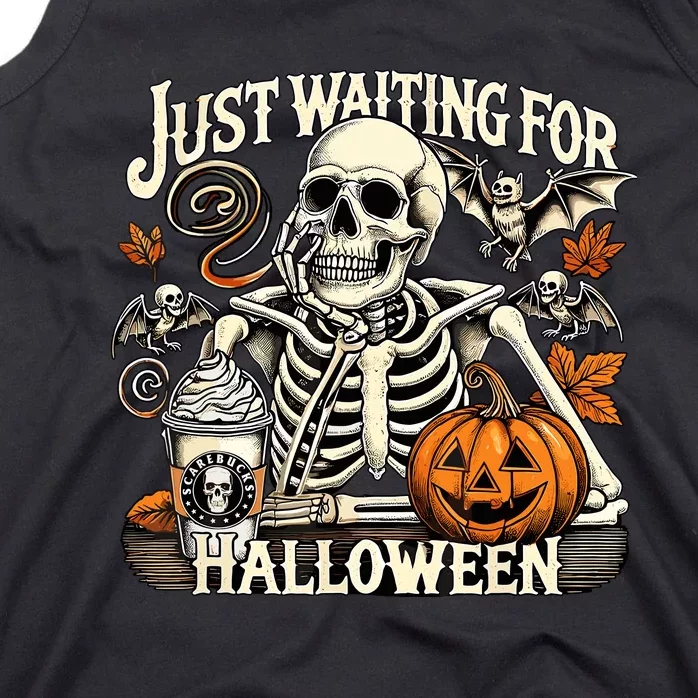 Womenss Just Waiting For Halloween Skeleton Summerween Tank Top