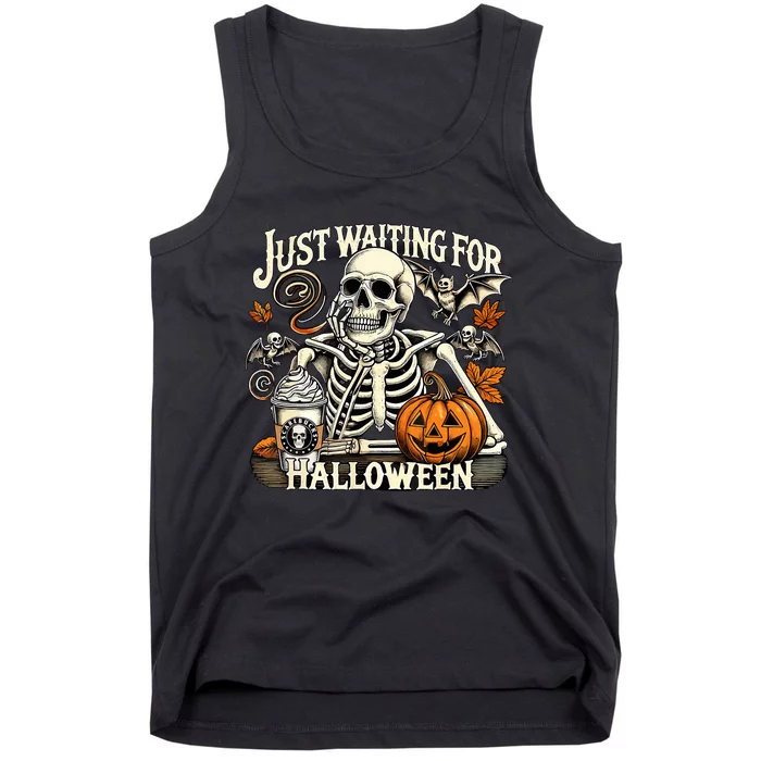 Womenss Just Waiting For Halloween Skeleton Summerween Tank Top