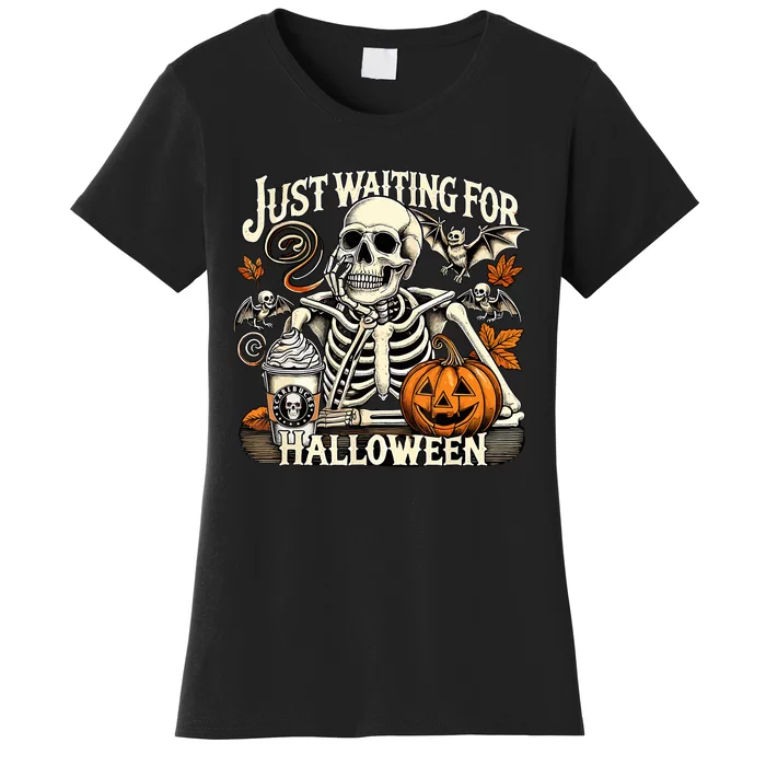 Womenss Just Waiting For Halloween Skeleton Summerween Women's T-Shirt