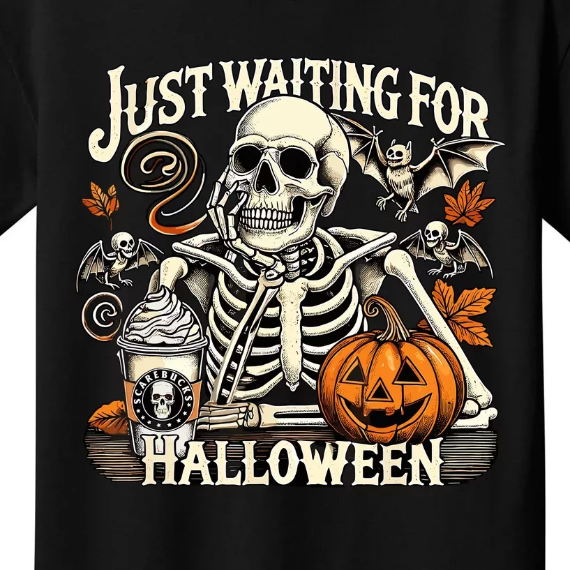 Womenss Just Waiting For Halloween Skeleton Summerween Kids T-Shirt