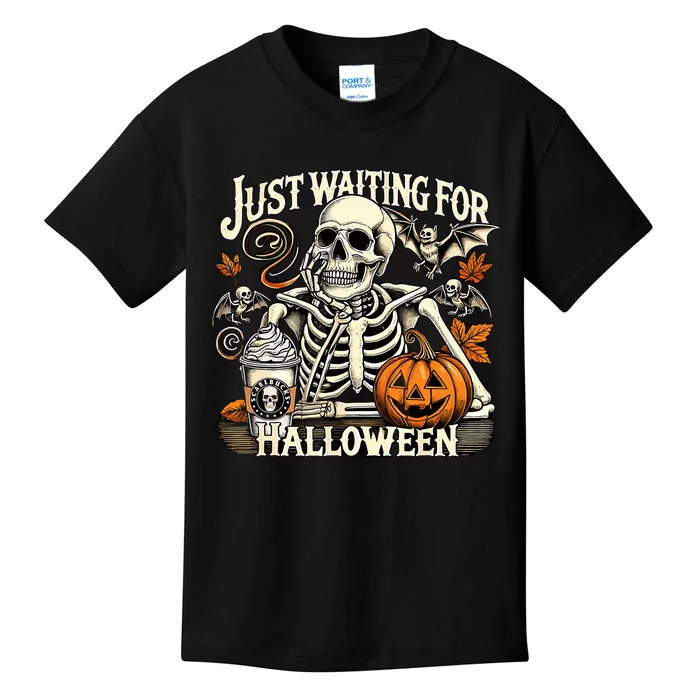 Womenss Just Waiting For Halloween Skeleton Summerween Kids T-Shirt