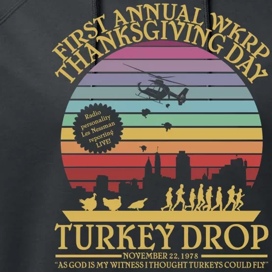 WKRP Thanksgiving Turkey Drop Funny Retro Performance Fleece Hoodie