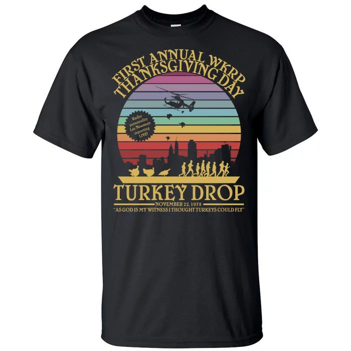 WKRP Thanksgiving Turkey Drop Funny Retro Tall T-Shirt