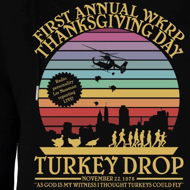 WKRP Thanksgiving Turkey Drop Funny Retro Womens Funnel Neck Pullover Hood