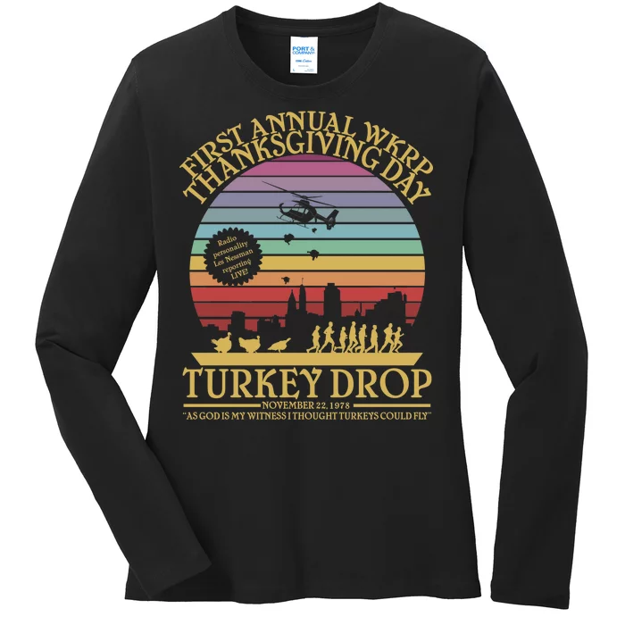 WKRP Thanksgiving Turkey Drop Funny Retro Ladies Long Sleeve Shirt