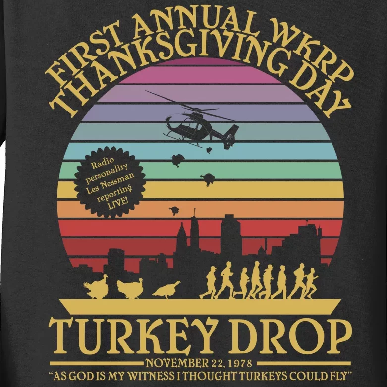 WKRP Thanksgiving Turkey Drop Funny Retro Kids Long Sleeve Shirt