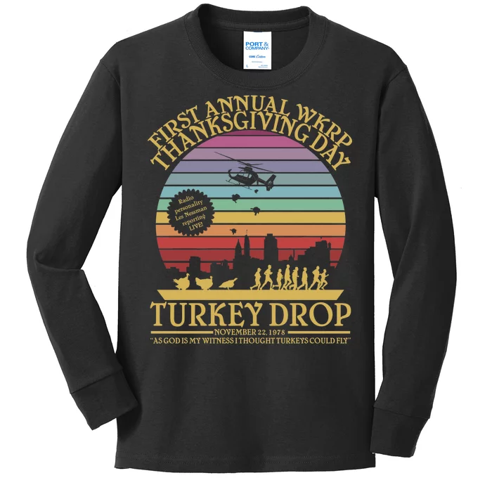 WKRP Thanksgiving Turkey Drop Funny Retro Kids Long Sleeve Shirt