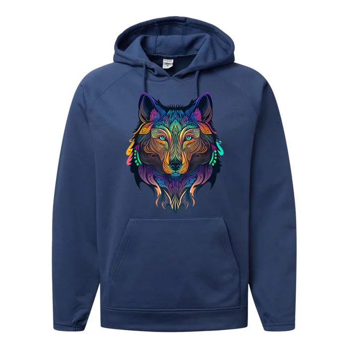 Wolf Lover Amazing Color Tribal Animal Face Wolf Performance Fleece Hoodie