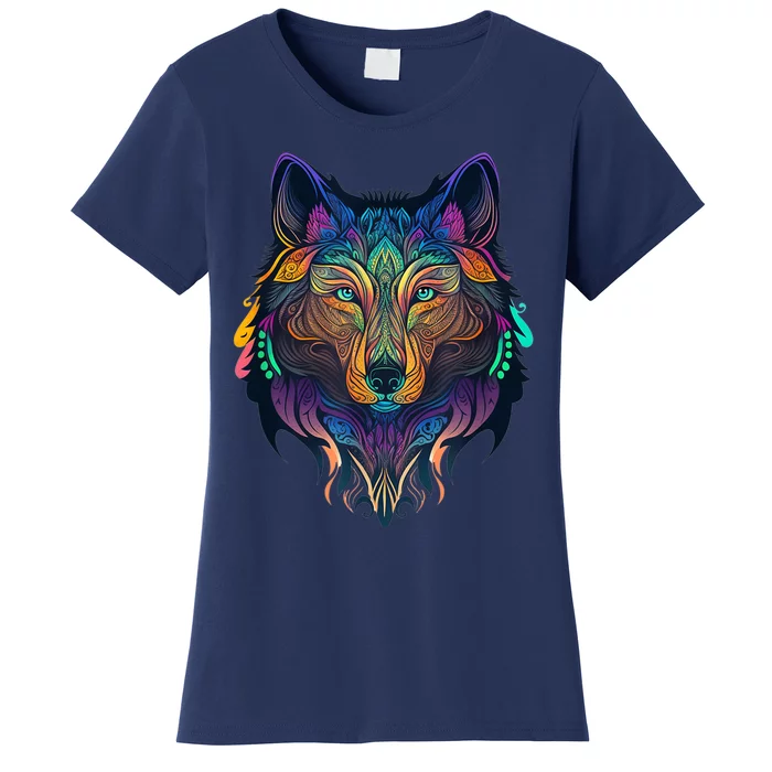 Wolf Lover Amazing Color Tribal Animal Face Wolf Women's T-Shirt