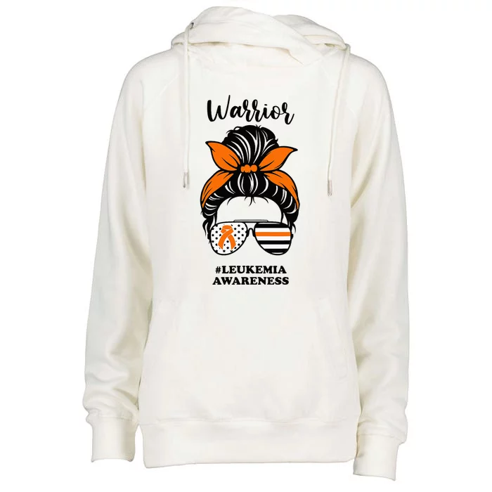 Warrior Leukemia Awareness Orange Ribbon Messy Bun Womens Funnel Neck Pullover Hood