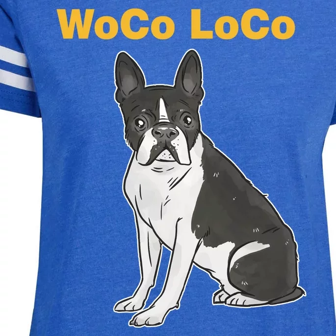 Woco Loco Boston Terrier Dog Enza Ladies Jersey Football T-Shirt