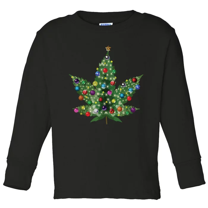 Weed Leaf Christmas Tree Pot Marijuana Thc Vape Reefer Hippy Toddler Long Sleeve Shirt