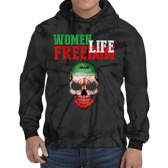 WOMEN LIFE FREEDOM, Skull Iranian Flag Women Of Iran Freedom Tie Dye Hoodie