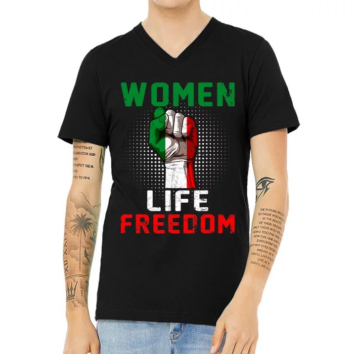 Women Life Freedom Stand With Women Iranian Flag Raised Hand V-Neck T-Shirt