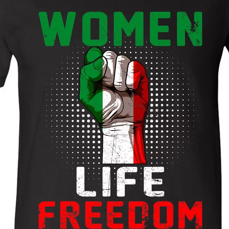 Women Life Freedom Stand With Women Iranian Flag Raised Hand V-Neck T-Shirt