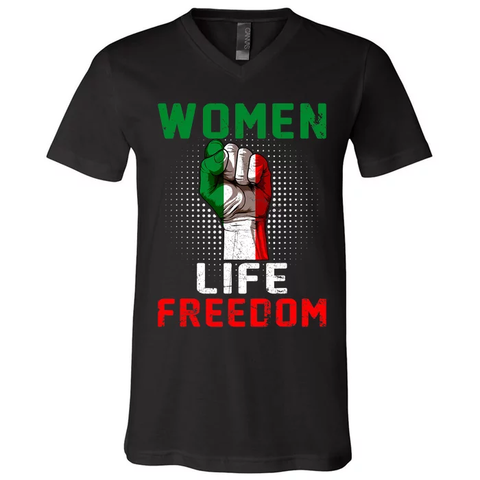 Women Life Freedom Stand With Women Iranian Flag Raised Hand V-Neck T-Shirt