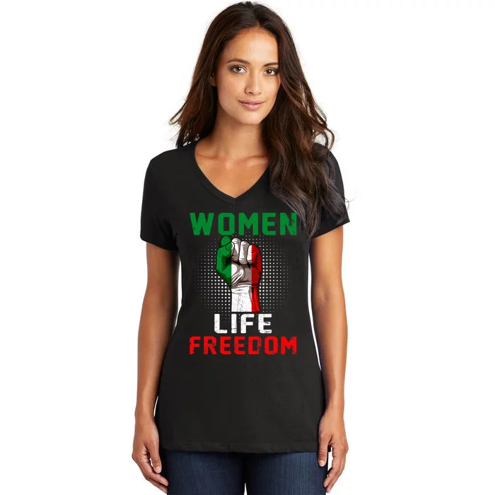 Women Life Freedom Stand With Women Iranian Flag Raised Hand Women's V-Neck T-Shirt